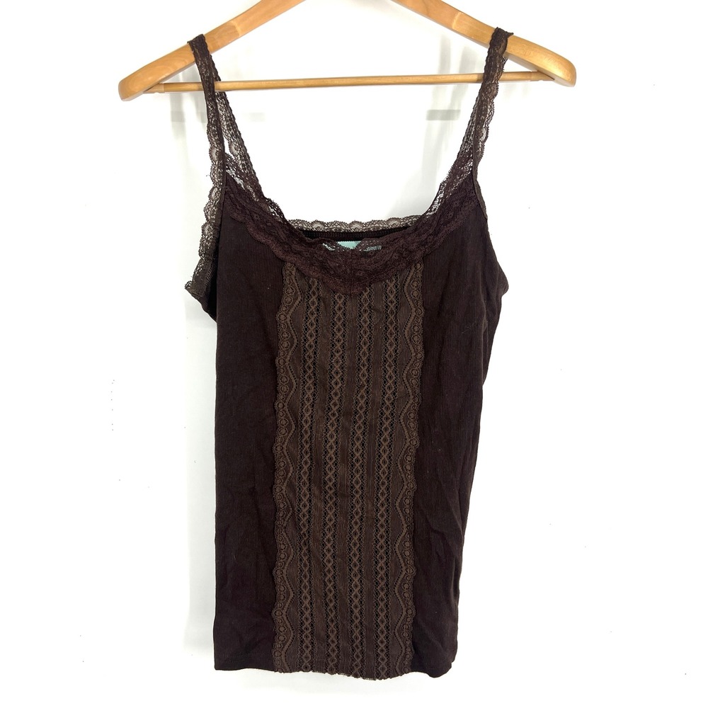 Maurices Womens Brown Ribbed Lace Trim Cami Tank Top Large Boho Y2K Sleeveless